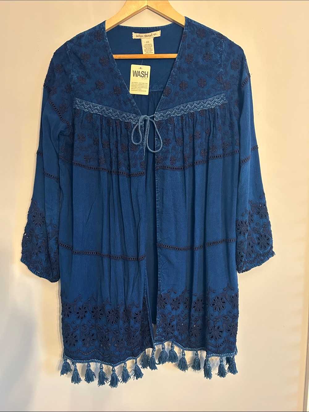 Embroidered Tassel Open-Front Tunic in Royal Blue